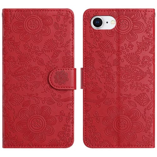 Funda de Cuero para iPhone 16E Estampado Floral En Relieve (Rojo)