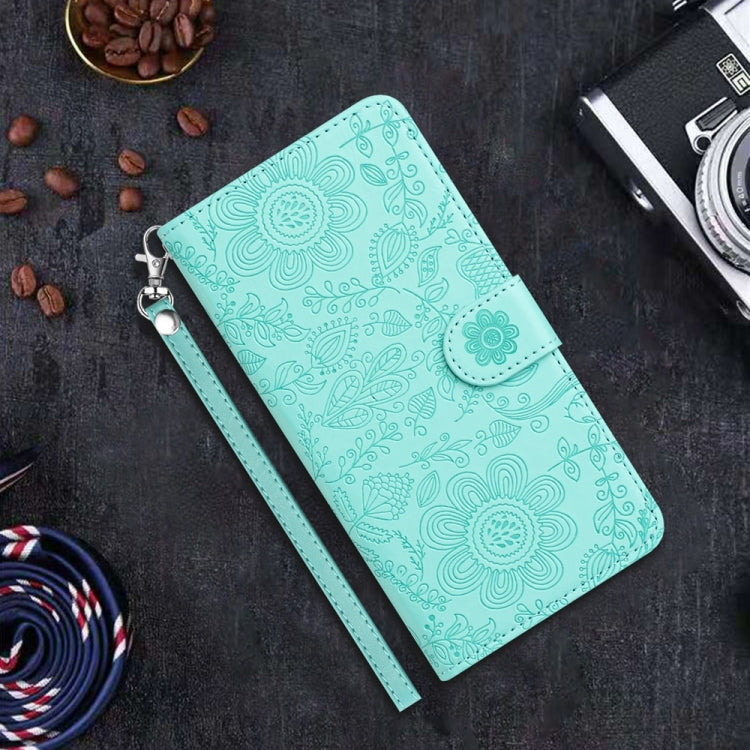 Funda de Cuero con Estampado Floral en Relieve para iPhone 16E (Verde Claro)