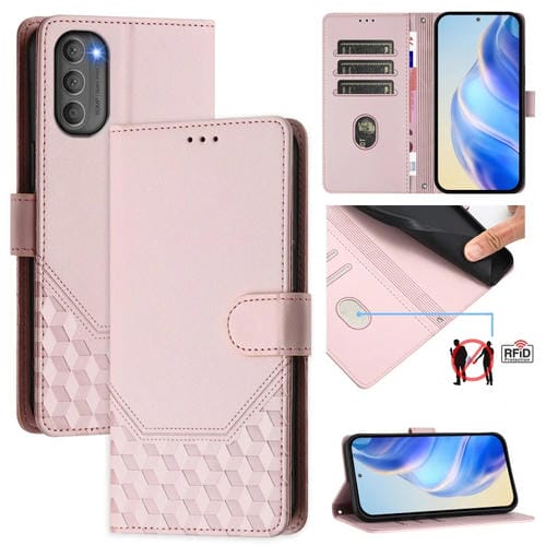 Funda de Cuero Rfid con Relieve en Panal para Motorola Moto G71 5G (Rosa)