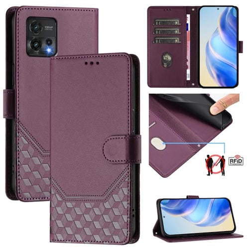 Funda de Cuero Rfid para Motorola Moto G72 con Relieve en Panal (Violeta)