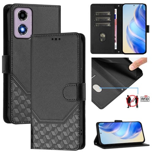 Funda de Cuero Rfid con Relieve en Panal para Motorola Moto G04 4G/G04S 4G (Negra)