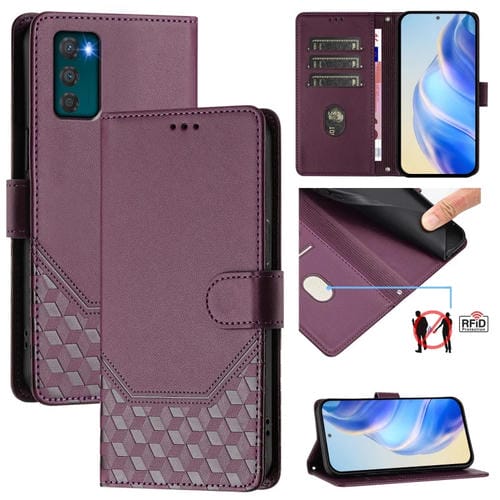 Funda de Cuero RFID con Relieve en Panal para Motorola Moto G42 (Violeta)