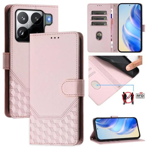 Funda de cuero con relieve de panal RFID para Xiaomi 15S Pro 5G (rosa)