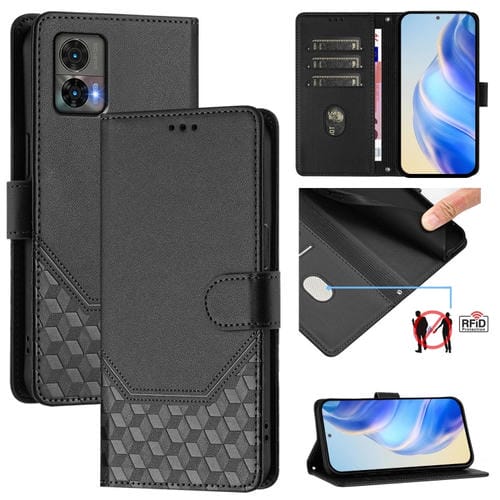 Funda de Cuero Rfid con Relieve en Panal para Motorola Edge 30 Neo (Negra)