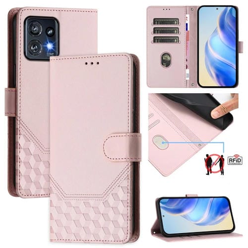 Funda de Cuero Rfid con Relieve en Panal para Motorola Edge+ 2023/40 Pro (Rosa)