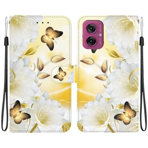 Funda de Cuero para Motorola Moto G55 con Dibujo de Colores y Textura de Cristal (Mariposa Dorada Epiphyllum)