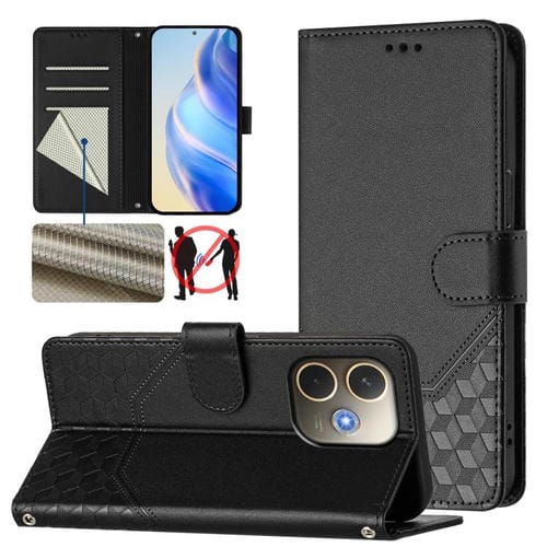 Funda de Cuero con Relieve de Panal Global Rfid para Oppo A5 Pro 5G (Negra)