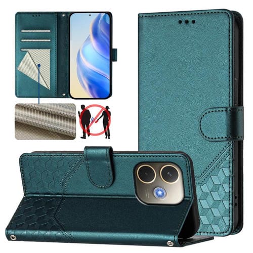 Funda de Cuero con Relieve de Panal Global Rfid para Oppo A5 Pro 5G (Verde Pavo Real)