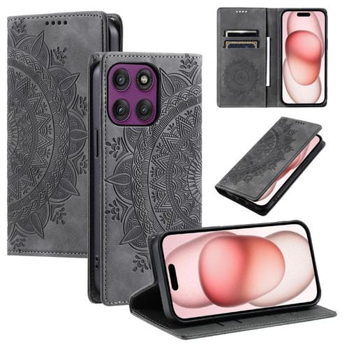 Funda de cuero magnética con relieve Totem para Motorola Edge 60 Pro (gris)