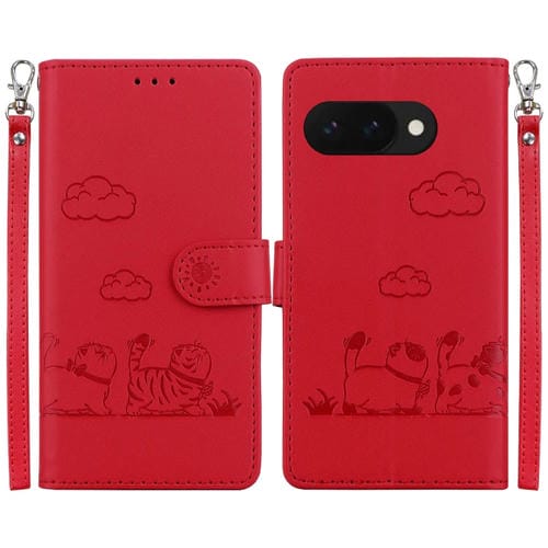 Funda de Cuero Rfid para Google Pixel 9A con Diseño de Gatos (Rojo)