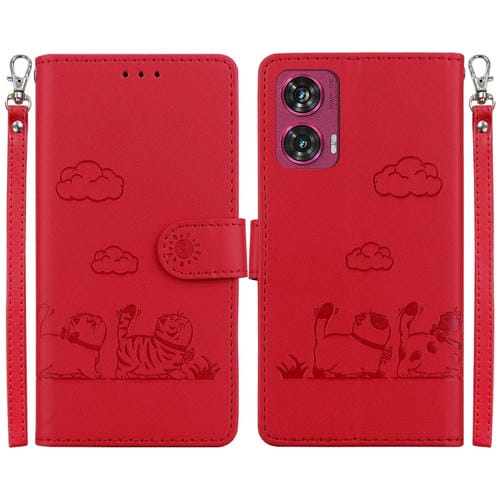 Funda de Cuero Rfid para Motorola Edge 50 Fusion con Diseño de Gatos (Rojo)