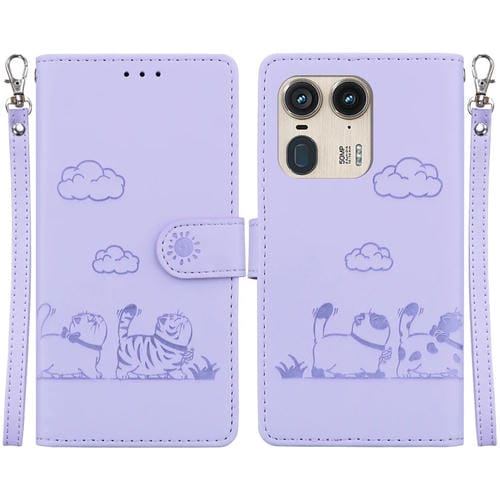Funda de Cuero Rfid para Motorola Edge 50 Ultra con Diseño de Gatos (Morado)