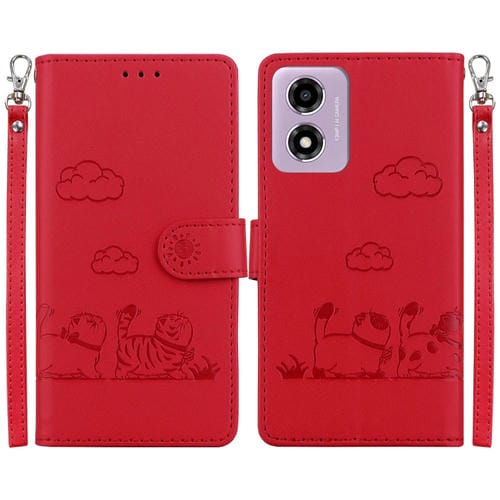 Funda de Cuero Rfid para Motorola Moto G04S/E14 con Diseño de Gatos (Roja)
