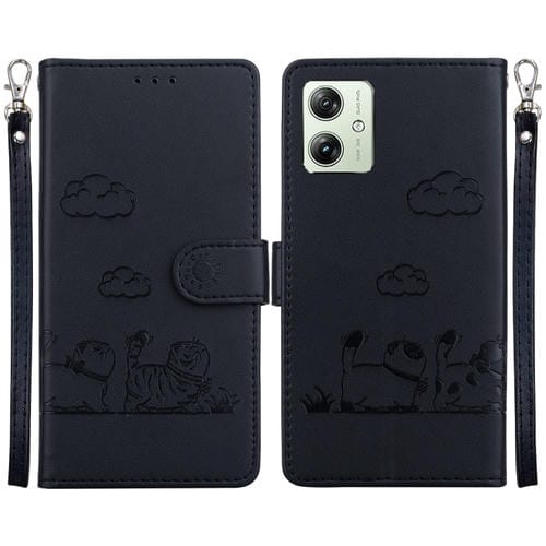 Funda de Cuero Rfid para Motorola Moto G54 con Diseño de Gatos (Negra)