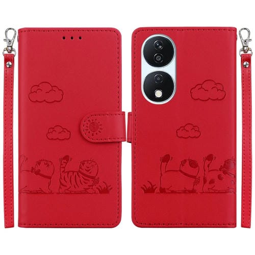 Funda de Cuero Rfid para Honor X7B y Play 50 Plus con Diseño de Gatos (Roja)