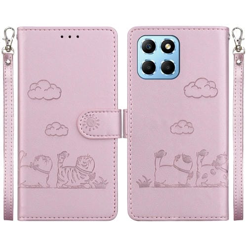 Funda de Cuero Rfid con Diseño de Gatos para Honor X8 5G (Oro Rosa)