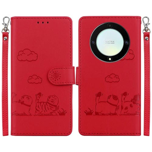 Funda de Cuero Rfid para Honor X9A con Diseño de Gatos (Roja)