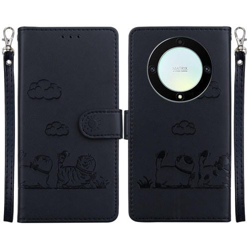Funda de Cuero Rfid para Honor X9A con Diseño de Gatos (Negra)