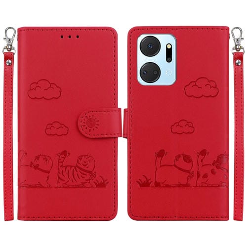 Funda de Cuero Rfid para Honor X7A con Diseño de Gatos (Roja)