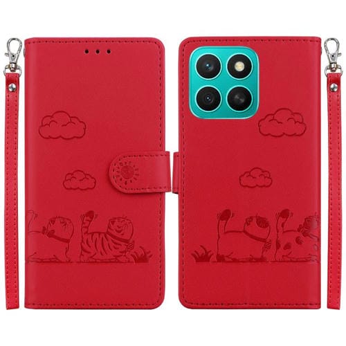 Funda de Cuero Rfid para Honor X8C 4G con Diseño de Gatos (Roja)