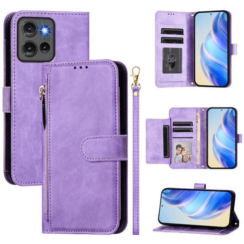 Funda de Cuero con Cremallera y Ranuras para Tarjetas para Motorola Edge 50 Global (Morado)