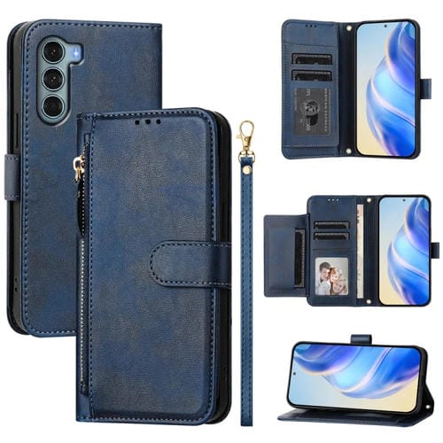 Funda de Cuero con Cremallera y Ranuras para Tarjetas para Motorola Edge S30 y Moto G200 5G (Azul)