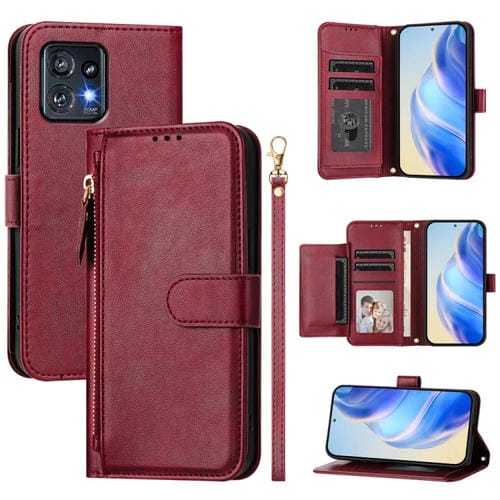 Funda de Cuero con Cremallera y Ranuras para Tarjetas Motorola Edge+ 2023/Moto X40 (Rojo Oscuro)