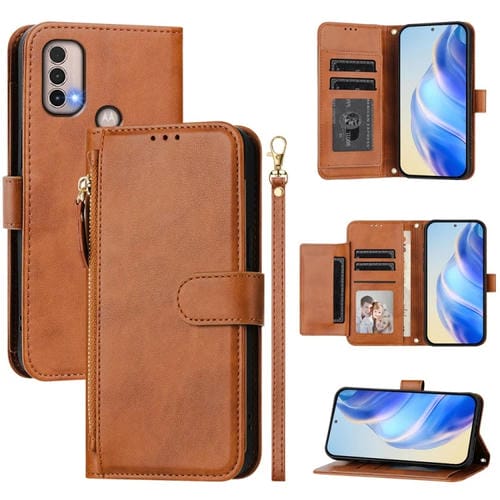 Funda de Cuero con Cremallera y Ranuras para Tarjetas para Motorola Moto E40/E30/E20 (Marrón)