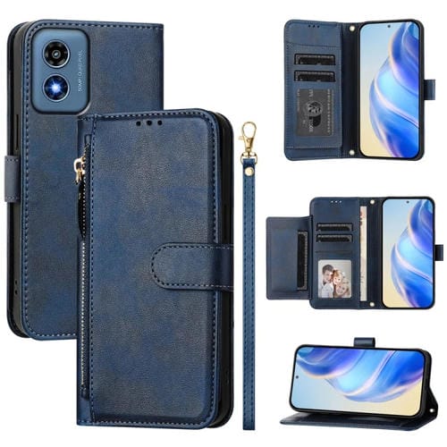 Funda de Cuero con Cremallera y Ranuras para Tarjetas Motorola Moto G Play 4G (2024) (Azul)
