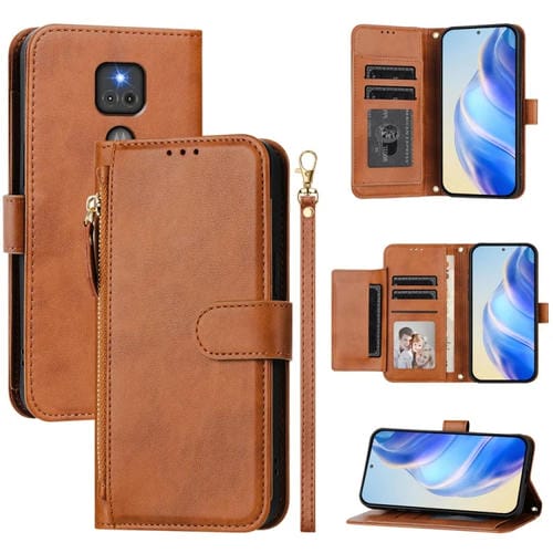 Funda de Cuero con Cremallera y Ranuras para Tarjetas para Motorola Moto G Play (2021) (Marrón)