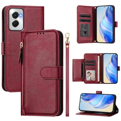 Funda de Cuero con Cremallera y Ranuras para Tarjetas para Motorola Moto G Power 5G (2024) (Rojo Oscuro)