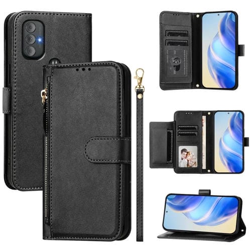 Funda de Cuero con Cremallera y Ranuras para Tarjetas para Motorola Moto G Power (2022) (Negro)