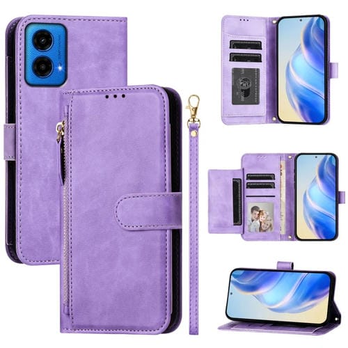 Funda de Cuero con Cremallera y Ranuras para Tarjetas para Motorola Moto G45 5G/G34 5G (Morado)