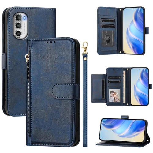 Funda de Cuero con Cremallera y Ranuras para Tarjetas para Motorola Moto G82/G52/G71S (Azul)