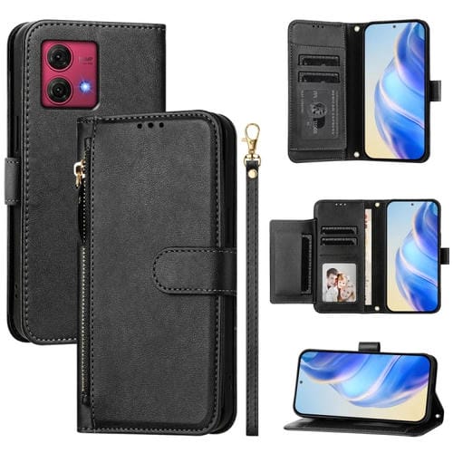 Funda de Cuero con Cremallera y Ranuras para Tarjetas para Motorola Moto G84 (Negro)