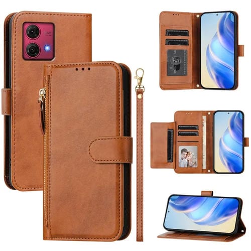 Funda de Cuero con Cremallera y Ranuras para Tarjetas para Motorola Moto G84 (Marrón)