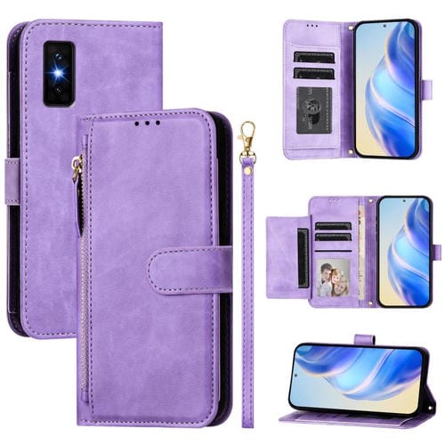 Funda de cuero con cremallera y ranuras para múltiples tarjetas para Infinix GT 30 Pro (morado)