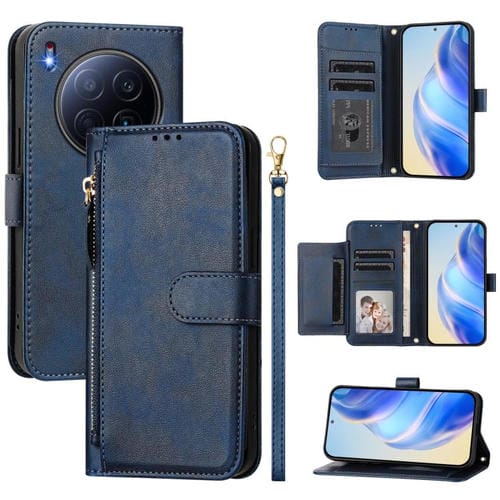 Funda de cuero con cremallera y ranuras para múltiples tarjetas para Tecno Camon 40 Premier (azul)