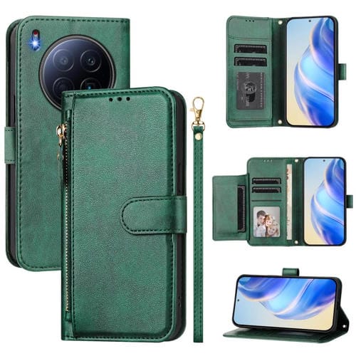Funda de cuero con cremallera y ranuras para múltiples tarjetas para Tecno Camon 40 Premier (verde)