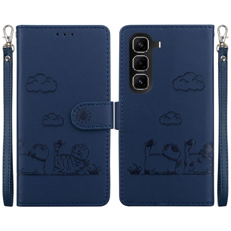 Funda de cuero RFID con diseño de gatos para Infinix Hot 50 Pro 4G (azul)