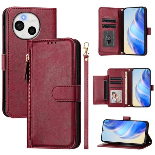 Funda de Cuero con Cremallera y Ranuras para Tarjetas Sharp Aquos Sense9 Plus (Rojo Oscuro)