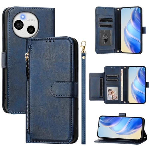 Funda de Cuero con Cremallera y Ranuras para Tarjetas para Sharp Aquos Sense9 (Azul)