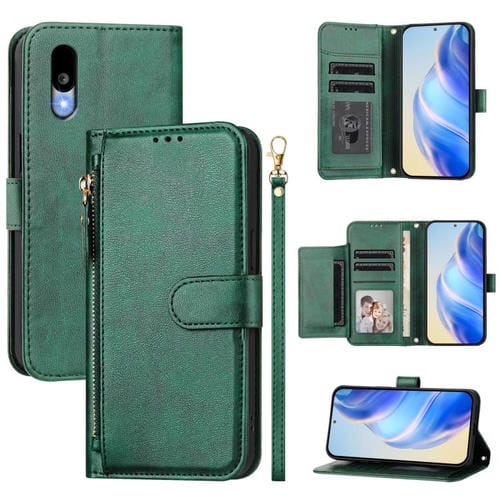 Funda de Cuero con Cremallera para Sharp Basio Active3 (Verde)