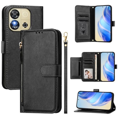 Funda de Cuero con Cremallera y Ranuras para Tarjetas para Oukitel C57S (Negro)