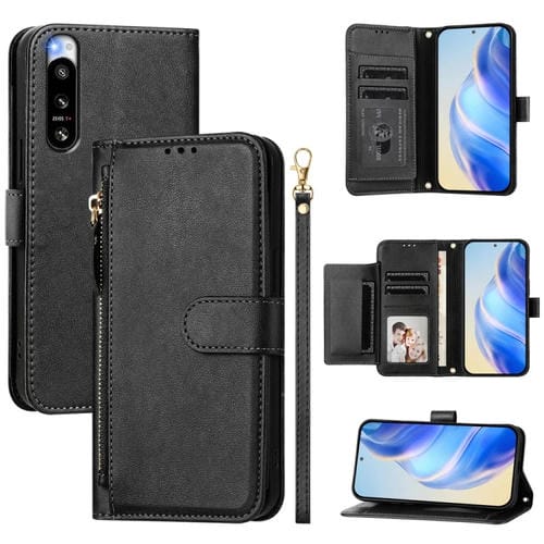 Funda Cuero Tipo Billetera Sony Xperia 5 Iv con Cremallera y Ranuras para Tarjetas (Negra)