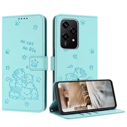Funda de Cuero Honor 200 Lite 5G con Estampado de Gatito y Cordón (Verde Menta)