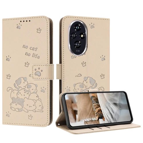 Funda de Piel para Honor 200 Pro 5G con Diseño de Gatito en Relieve y Cordón (Beige)