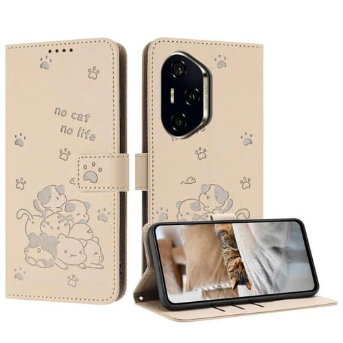Funda de Piel para Honor 300 Pro con Diseño de Gatito en Relieve y Cordón (Beige)