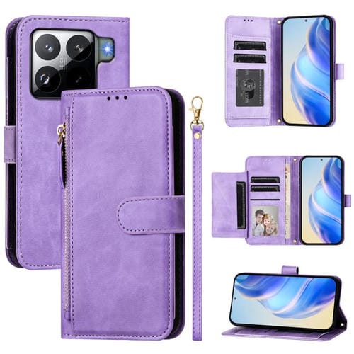 Funda de cuero con cremallera y ranuras para múltiples tarjetas para Xiaomi 15S Pro (morado)