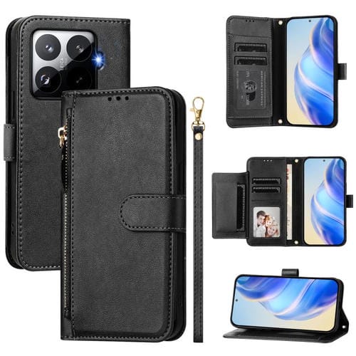 Funda de cuero con cremallera y ranuras para múltiples tarjetas para Xiaomi 15T Pro (negra)